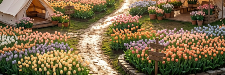 Winding path through lush misty rainforest illuminated by sunrise