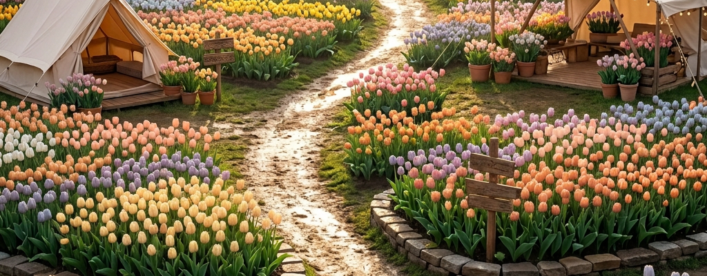 Winding path through lush misty rainforest illuminated by sunrise