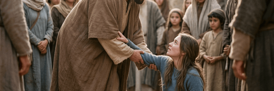 Bearded man helps a seated woman while villagers watch in an ancient street