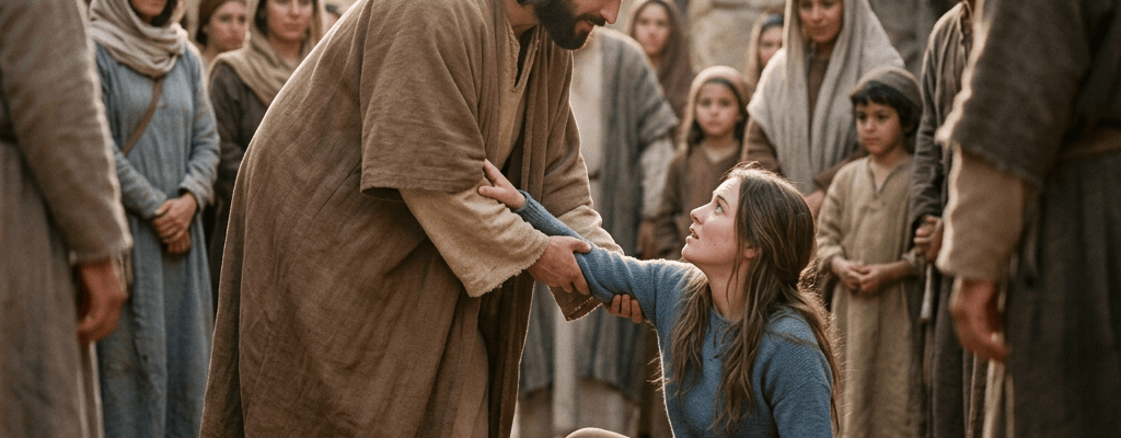 Bearded man helps a seated woman while villagers watch in an ancient street